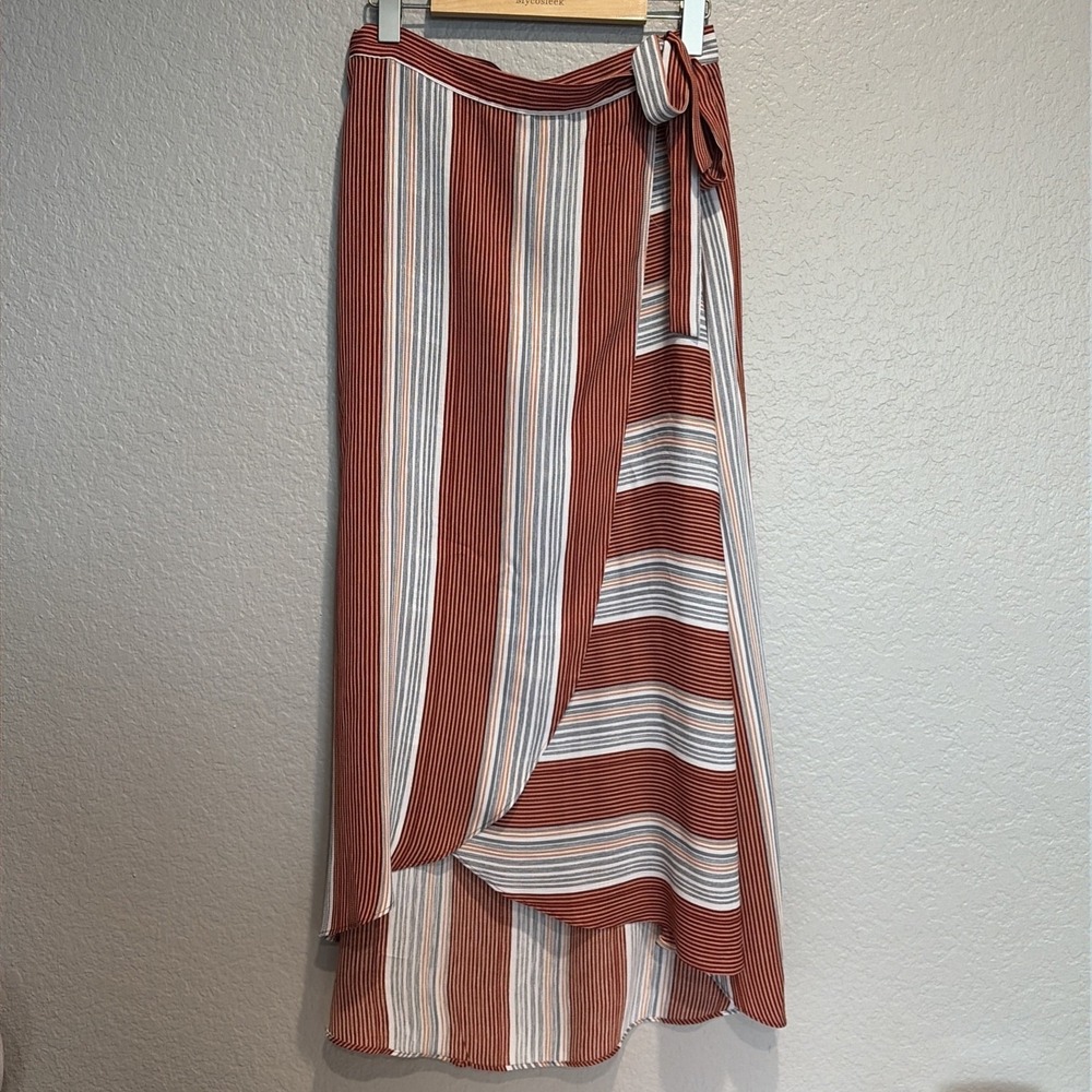 Hummingbird Wrap Skirt Womens Large Rust-Grey Striped Boho Beach Tie Belt Midi